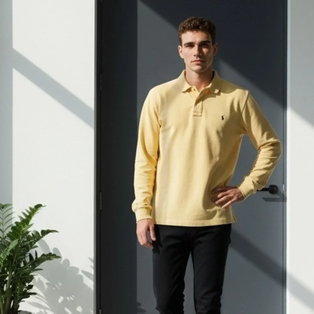 Polo Ralph Lauren Mens XXL Long Sleeve Vtg Polo Shirt Yellow Y2K Hong Kong 80's‎